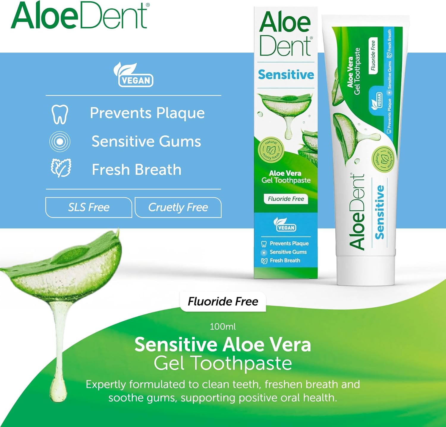 Detalle 2 de Aloe Dent Sensitive Aloe Vera Gel Toothpaste — Fluoride‑Free, SLS‑Free, for Sensitive Gums