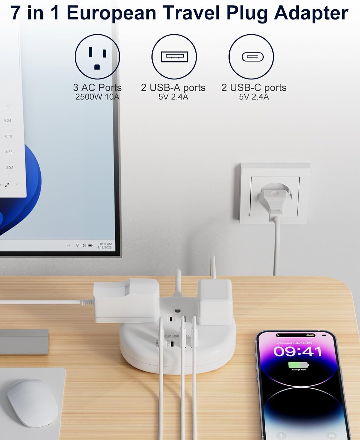 Detalle 2 de kakahigh European Travel Plug Adapter with 3ft Extension Cord, 3 Outlets & 4 USB Ports