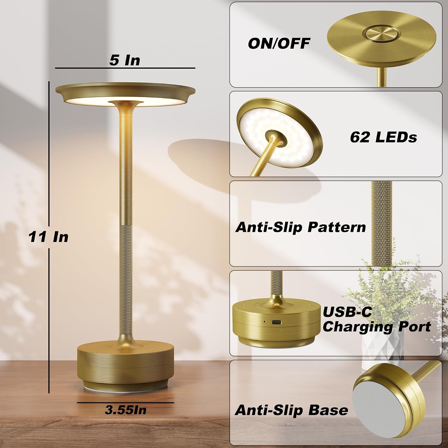 Thumbnail 6 de TBBGA T106C Cordless Table Lamp, Gold, Rechargeable with 3-Color Dimming