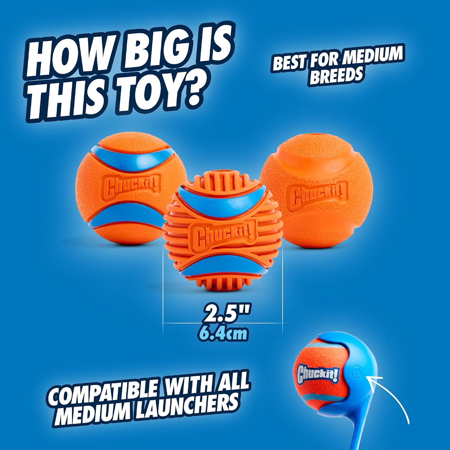 Detalle de Chuckit! Fetch Medley Gen 3 Medium Dog Balls – Durable, Lightweight Rubber Balls (Pack of 3, 6.5 cm) for Launcher Play