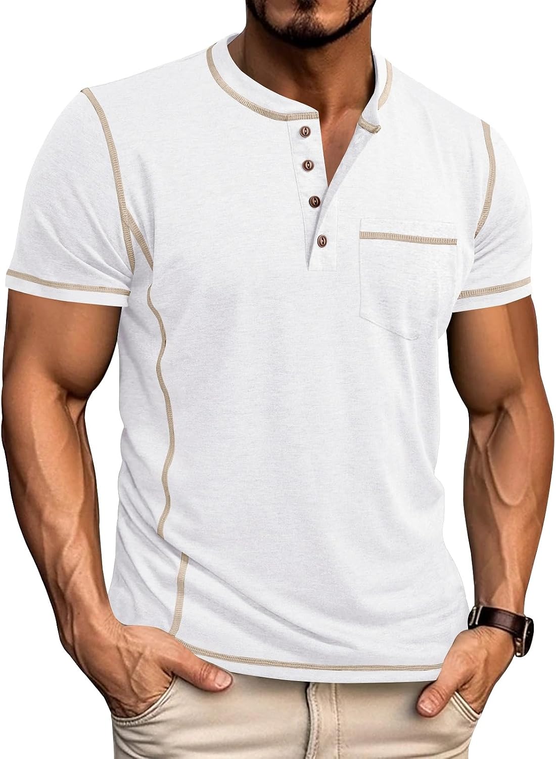 Detalle de LAOARA T-shirt för män med tunisisk krage, knappar och kort ärm, M–3XL