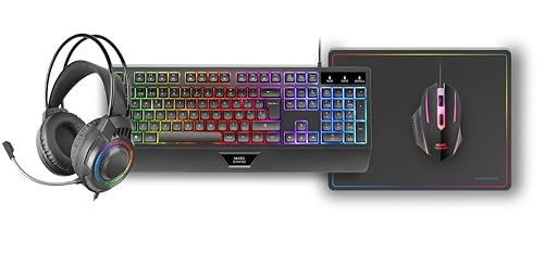 Detalle de Mars Gaming MCP124PRO (combo 4en1): teclado H-Mech RGB en español, ratón HUANO 3200DPI, auriculares FRGB y alfombrilla 36x26 cm