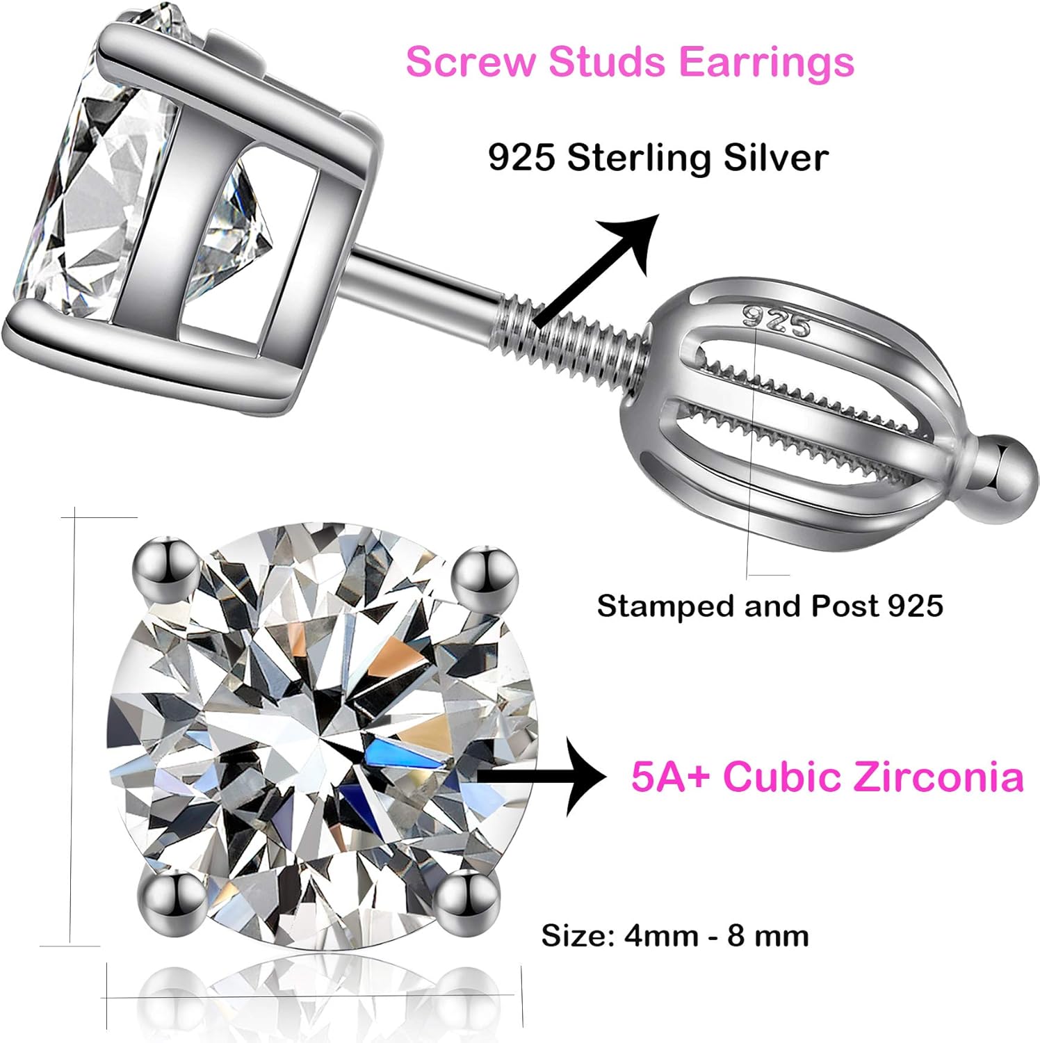 Thumbnail 6 de jiamiaoi 18K Weißgold-plattiert Ohrstecker aus 925 Sterlingsilber mit Schraubverschluss und Zirkonia (4–8 mm)