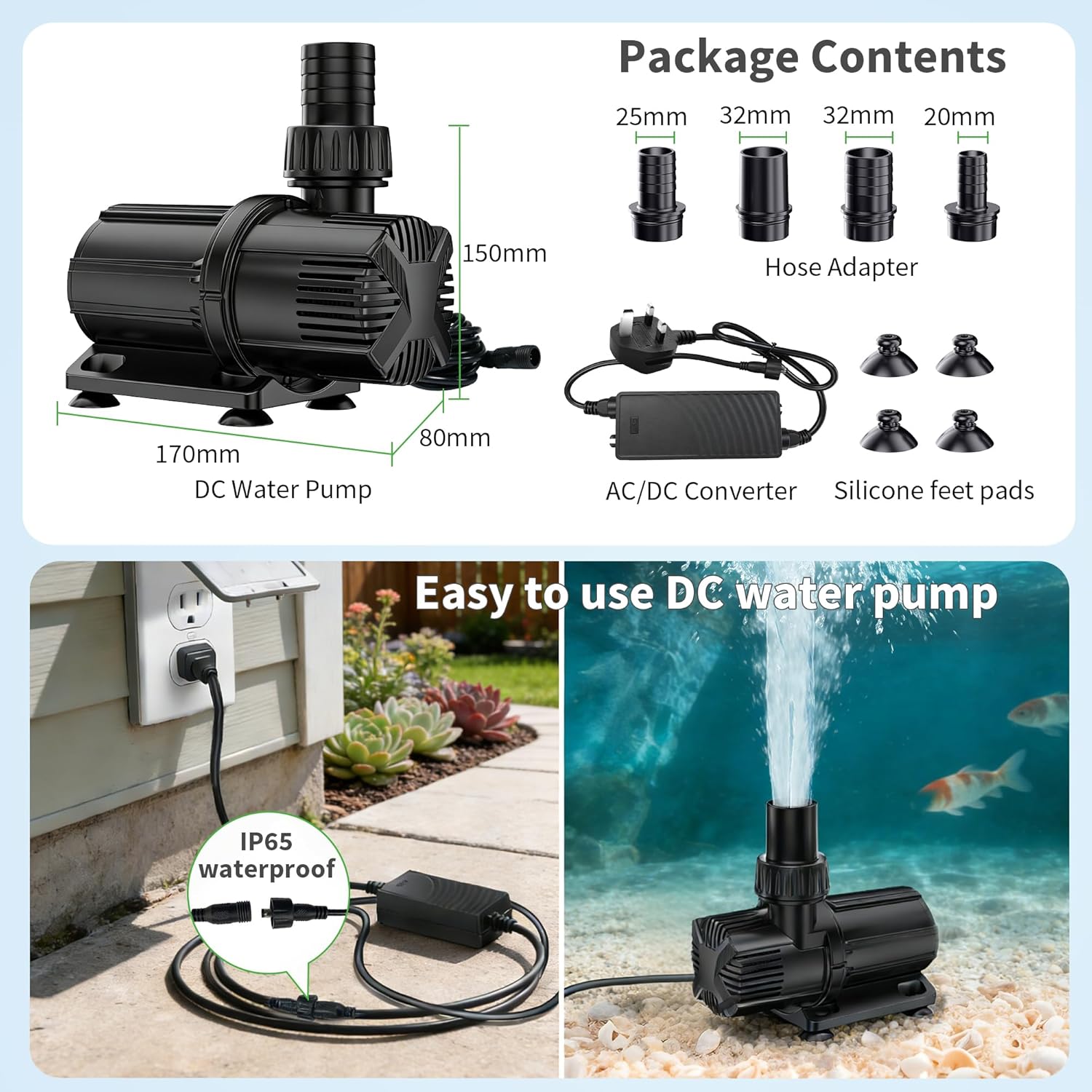 Detalle de POPOSOAP 6000 L/h DC Pond Pump with AC/DC Converter – Safe Low Voltage Fountain Pump