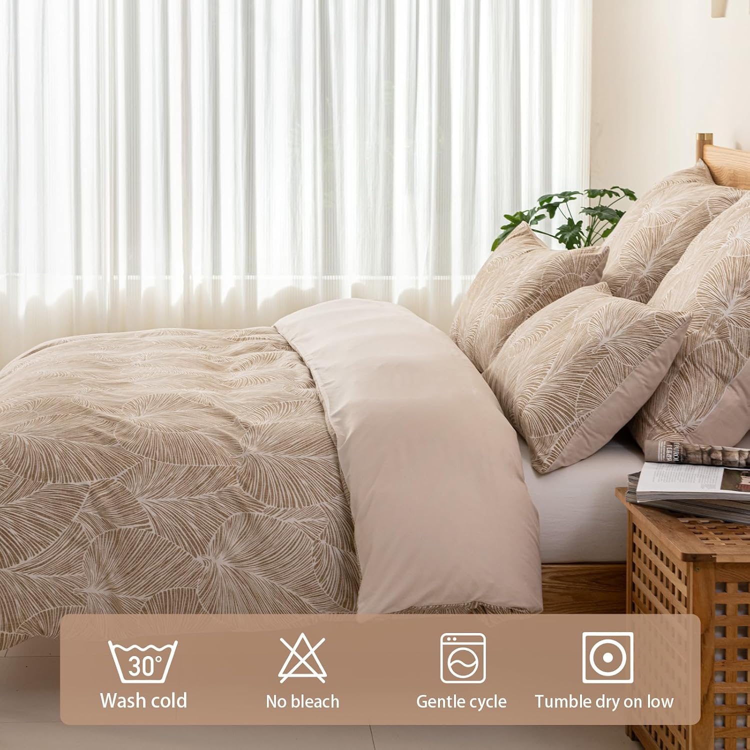 Thumbnail 5 de Tokokimo Beige Double Duvet Cover Set (Tropical Leaves) with 2 Pillowcases, Soft Microfibre, 200x200 cm