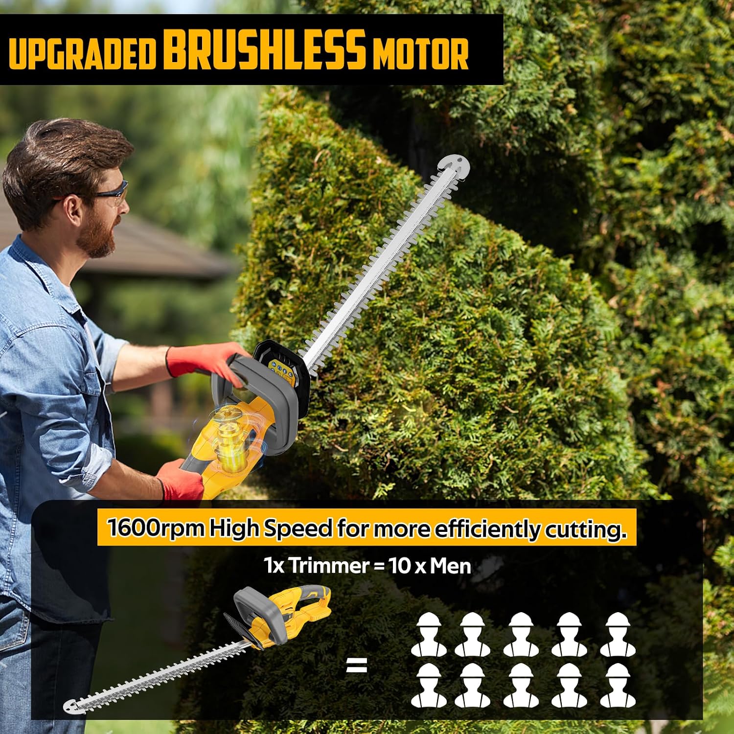 Detalle 2 de TAIRDA Cordless Hedge Trimmer, 22-inch Dual-Action Blade, Brushless Motor