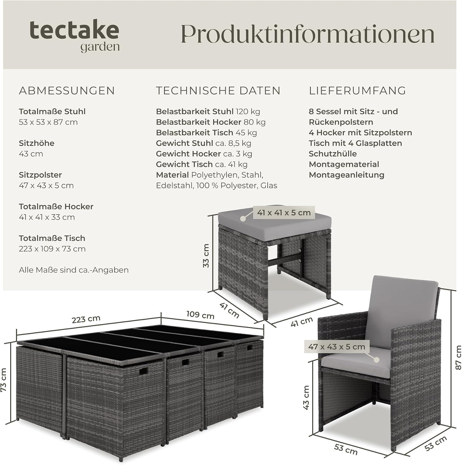 Detalle 2 de tectake Gartenlounge Set mit Polyrattan: 8 Stühle + 4 Hocker + 1 Tisch (8+4+1), grau/hellgrau
