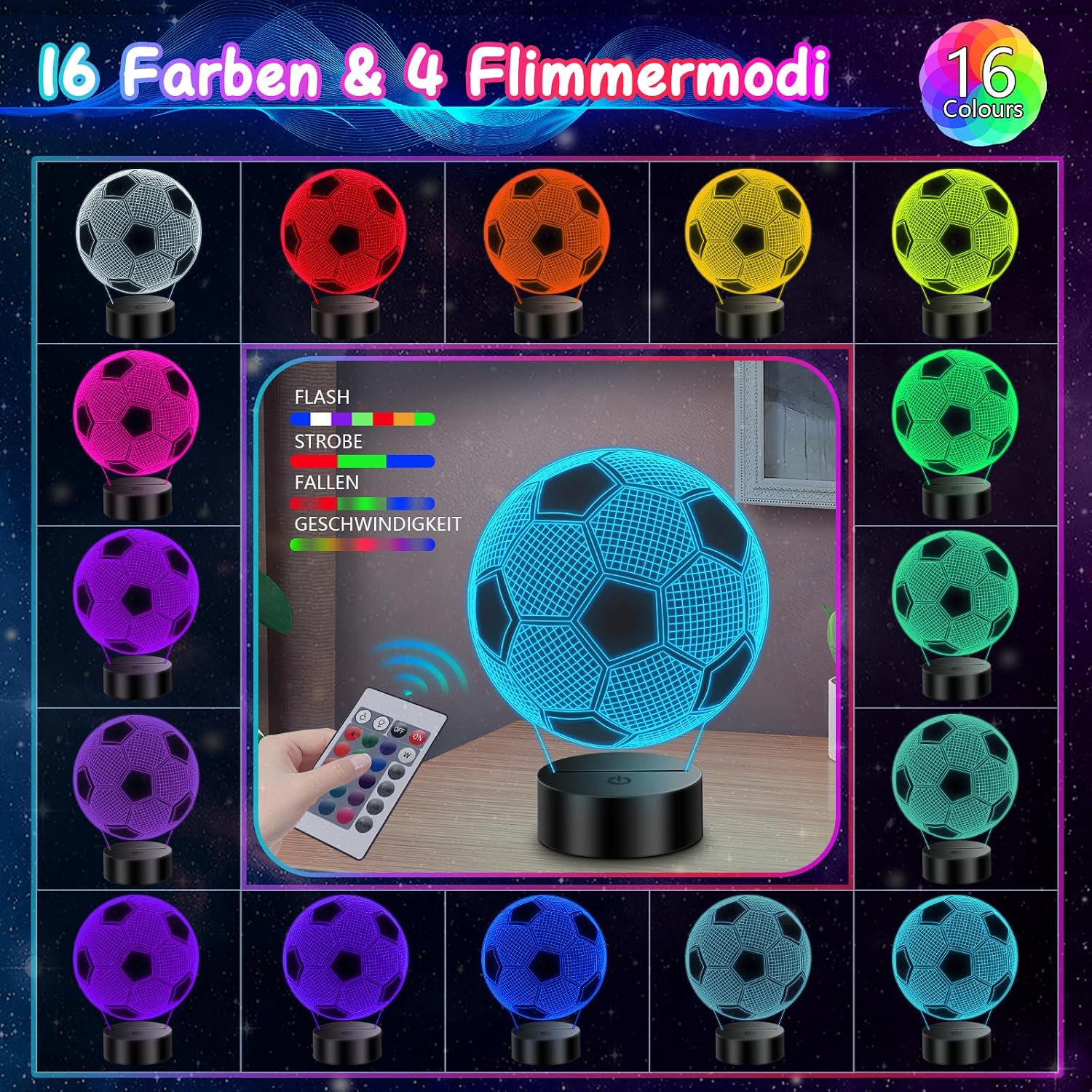 Detalle 2 de Polemera Fußball-Nachtlicht 3D für Kinder mit Fernbedienung, 16 Farben