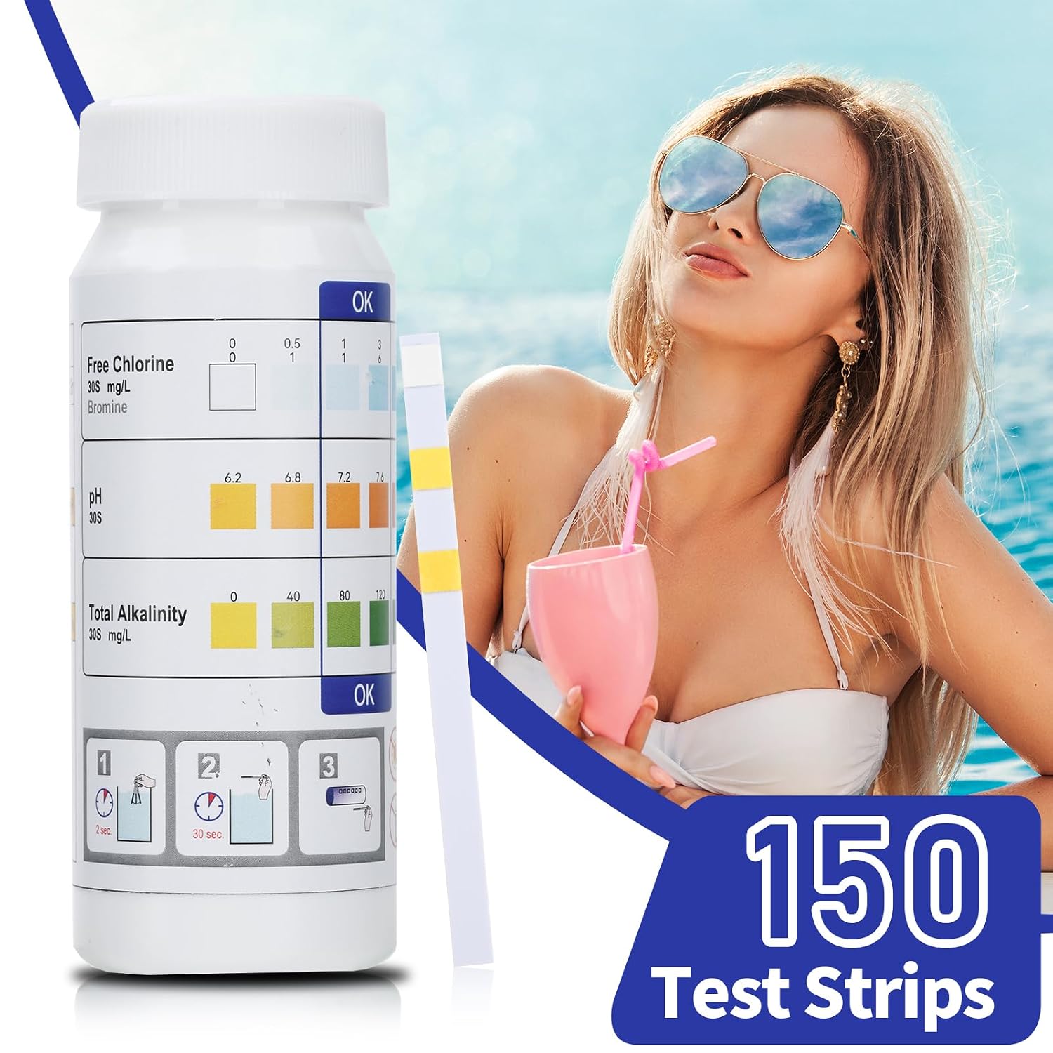 Detalle 2 de Aideepen 3-in-1 zwembadteststrips, 150 stuks voor pH, restchloor en alkaliniteit