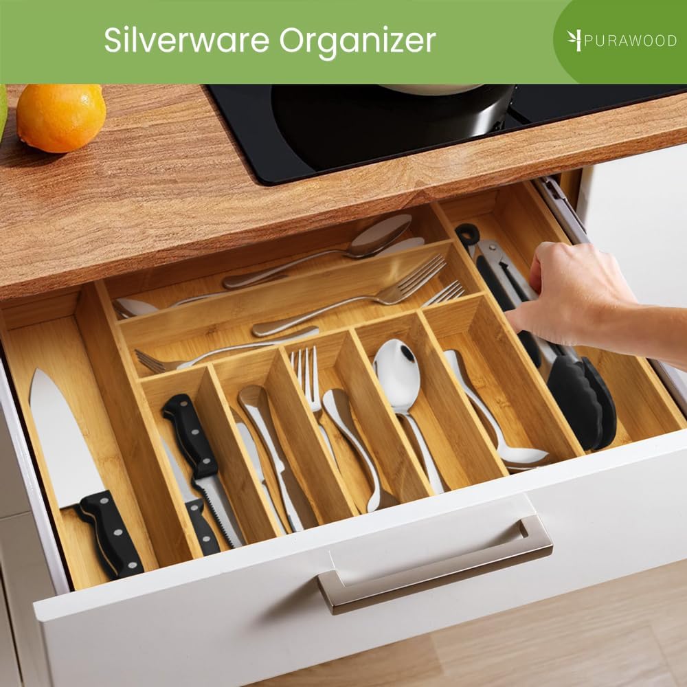 Thumbnail 4 de Purawood Bamboo Drawer Organizer: Expandable 7–9 Slot Silverware Tray