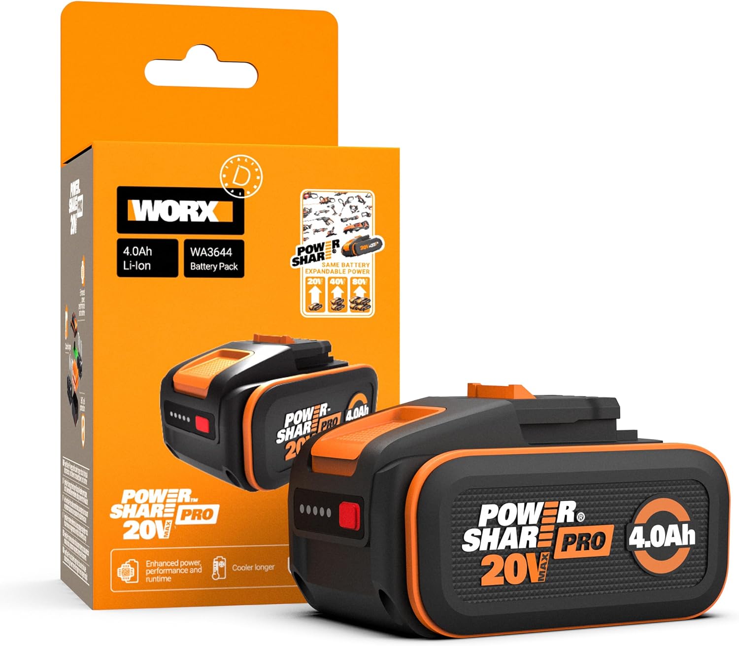 WORX WA3644 Original PowerShare Pro Akku 20V 4,0 Ah Li-Ion mit Heatshield-Technologie und LED-Anzeige