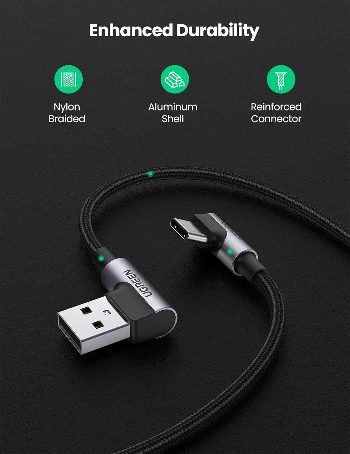 Thumbnail 6 de UGREEN 90-Degree USB-A to USB-C Fast Charging Cable (18W, 480 Mbps) — 10FT