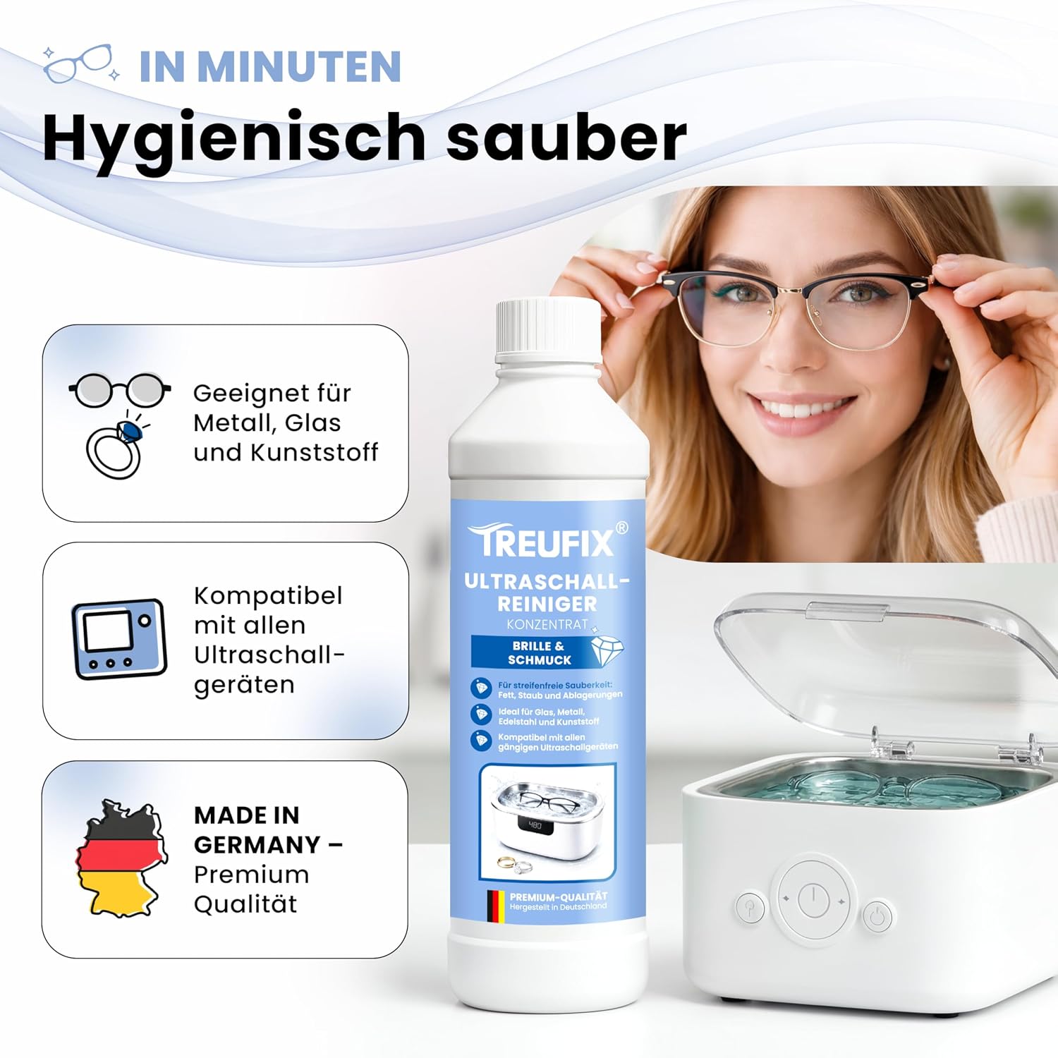 Detalle 2 de Treufix Ultraschallreiniger Konzentrat – Brillen- & Schmuckreiniger, 750 ml, Made in Germany