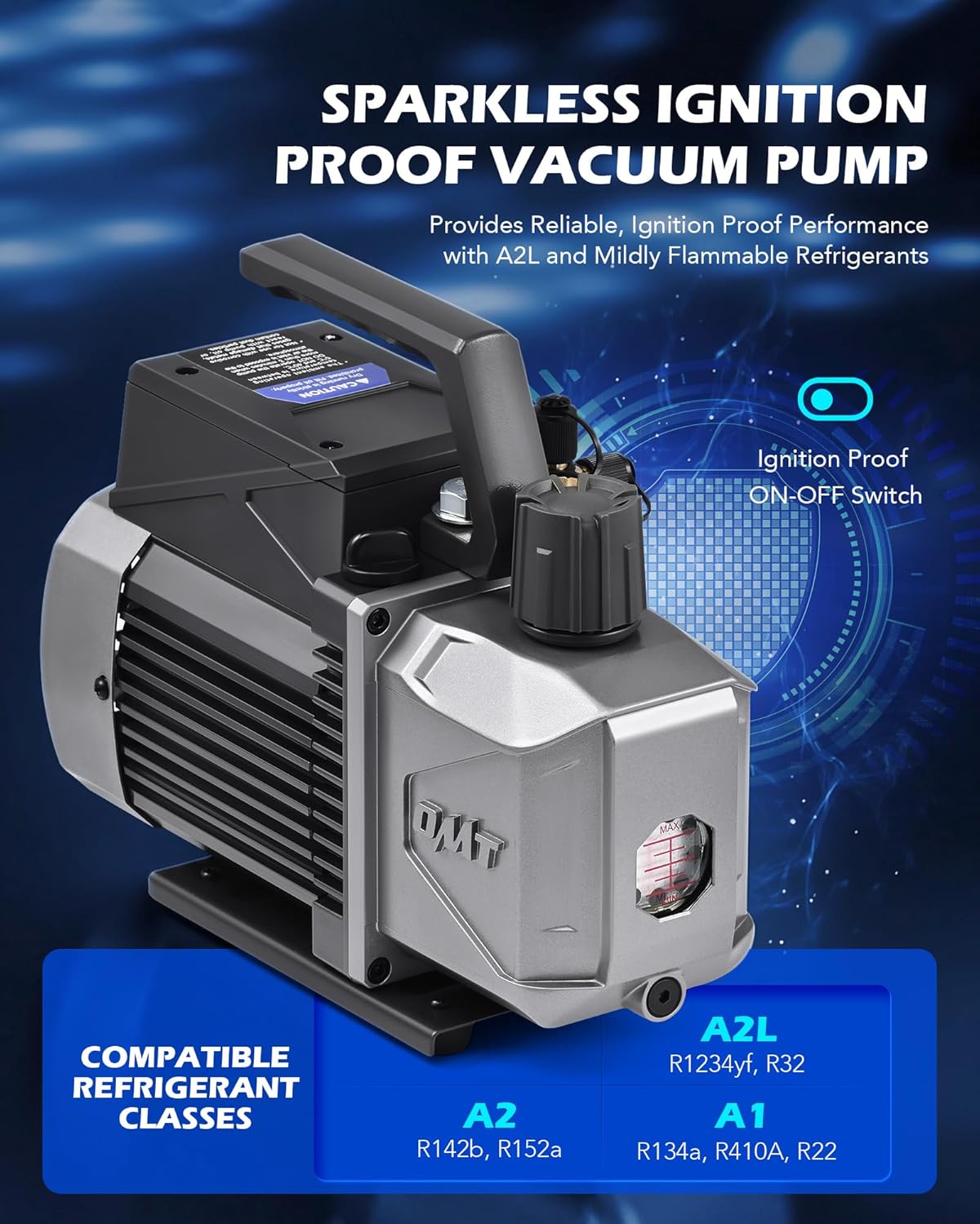 Detalle 2 de Orion Motor Tech A2L Vacuum Pump: 3.5 CFM, 1/4 HP, Sparkless Ignition-Proof for A2L Refrigerants