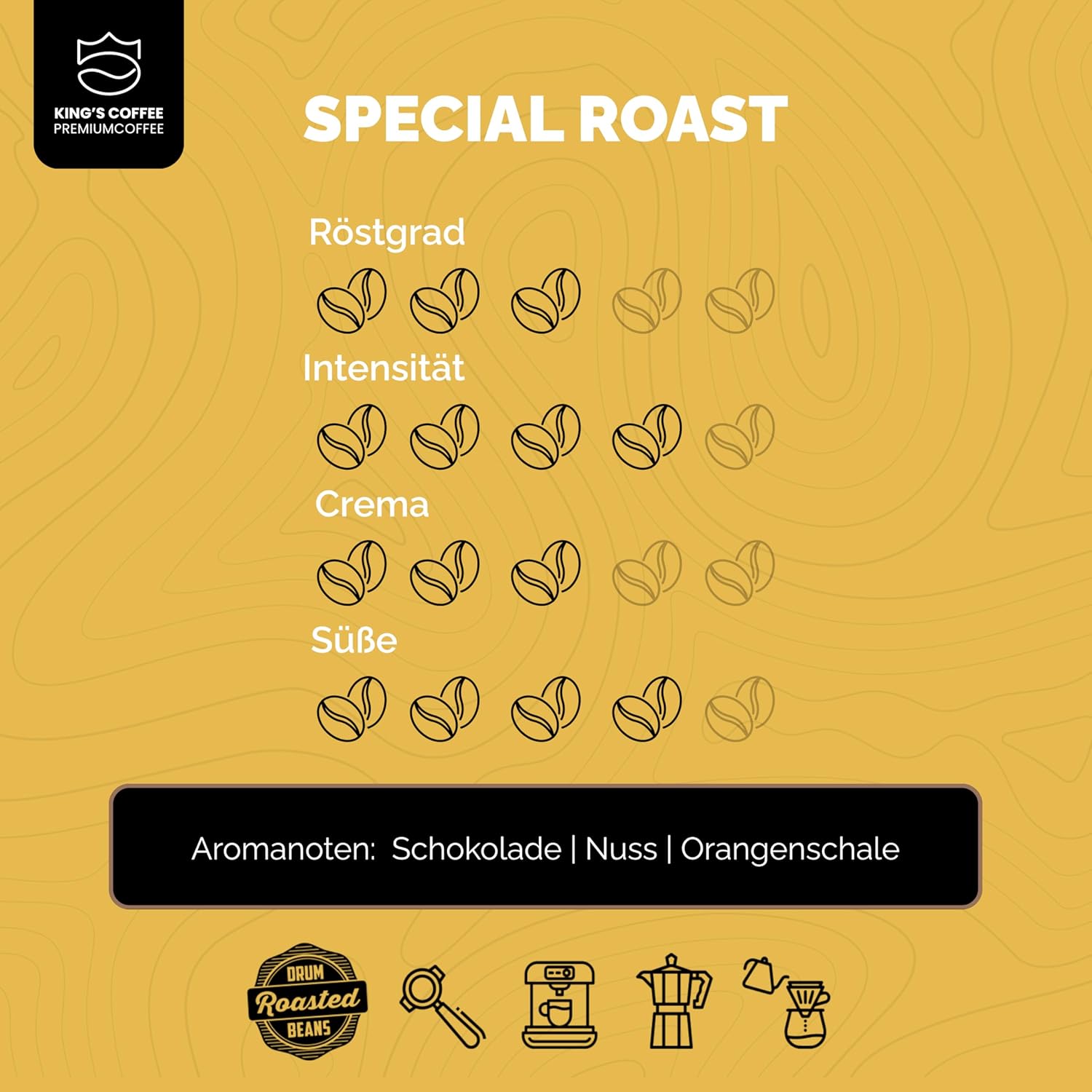 Detalle de KING'S COFFEE SPECIAL ROAST – 1 kg Premium Barista Espressobohnen – säurearm, italienische Trommelröstung, Arabica-Robusta Blend