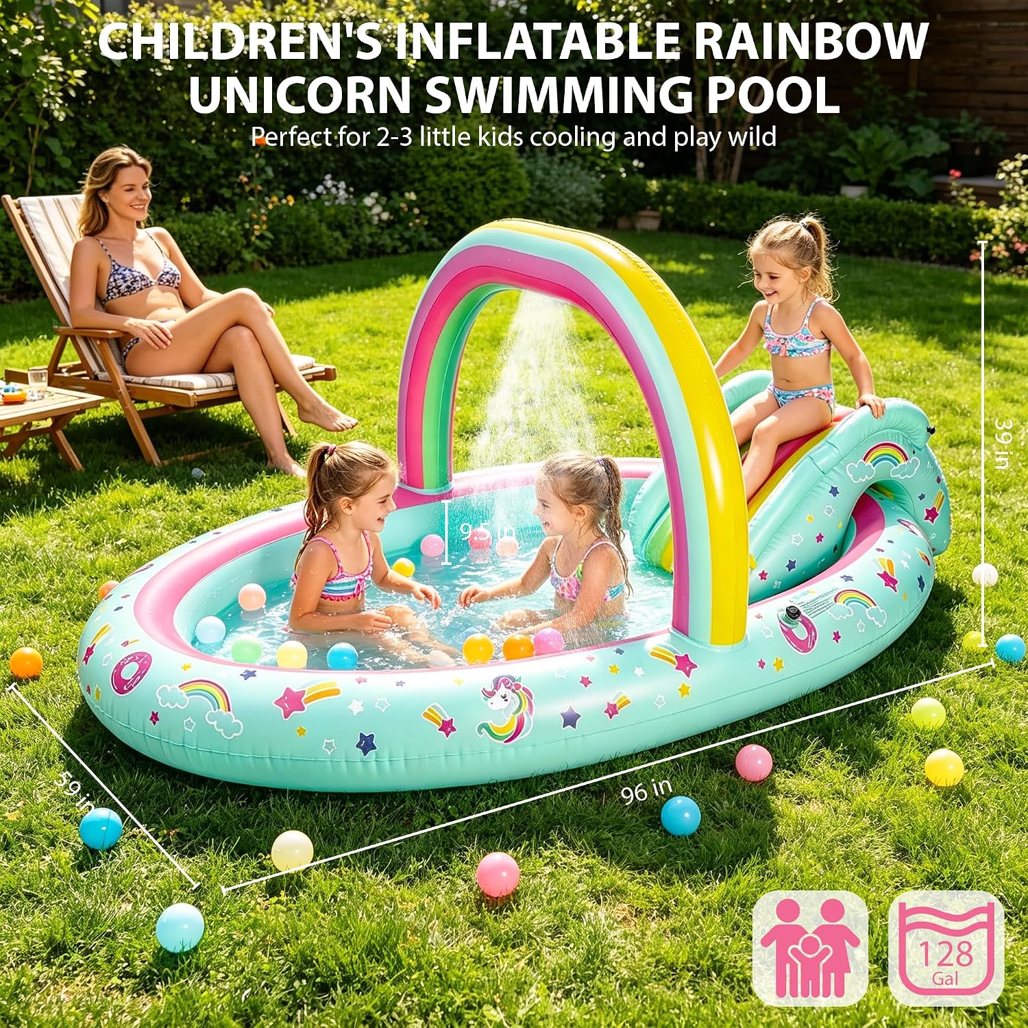 Detalle 2 de SULIFEEL Rainbow Unicorn Inflatable Play Center: 96'' x 59'' x 39'' Kiddie Pool with Slide and Sprinkler