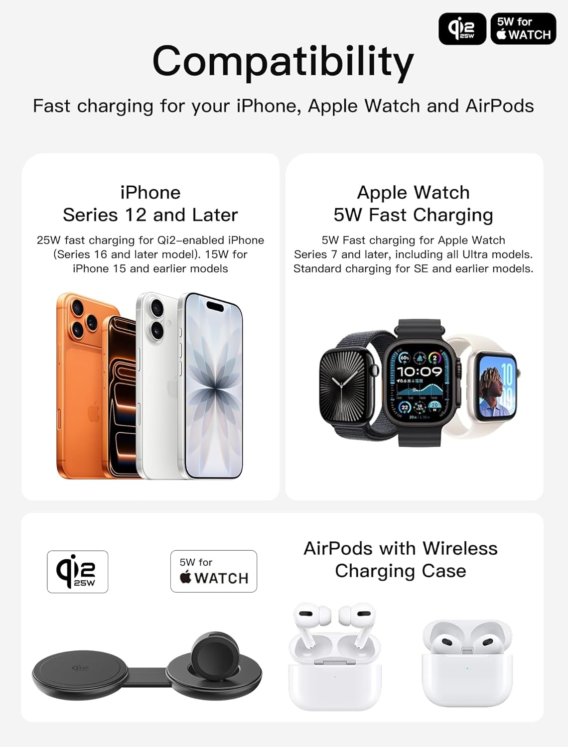 Thumbnail 1 de Station de charge magnétique sans fil 2-en-1 Qi2 25 W (pliable) compatible Mag-Safe et Apple Watch / AirPods