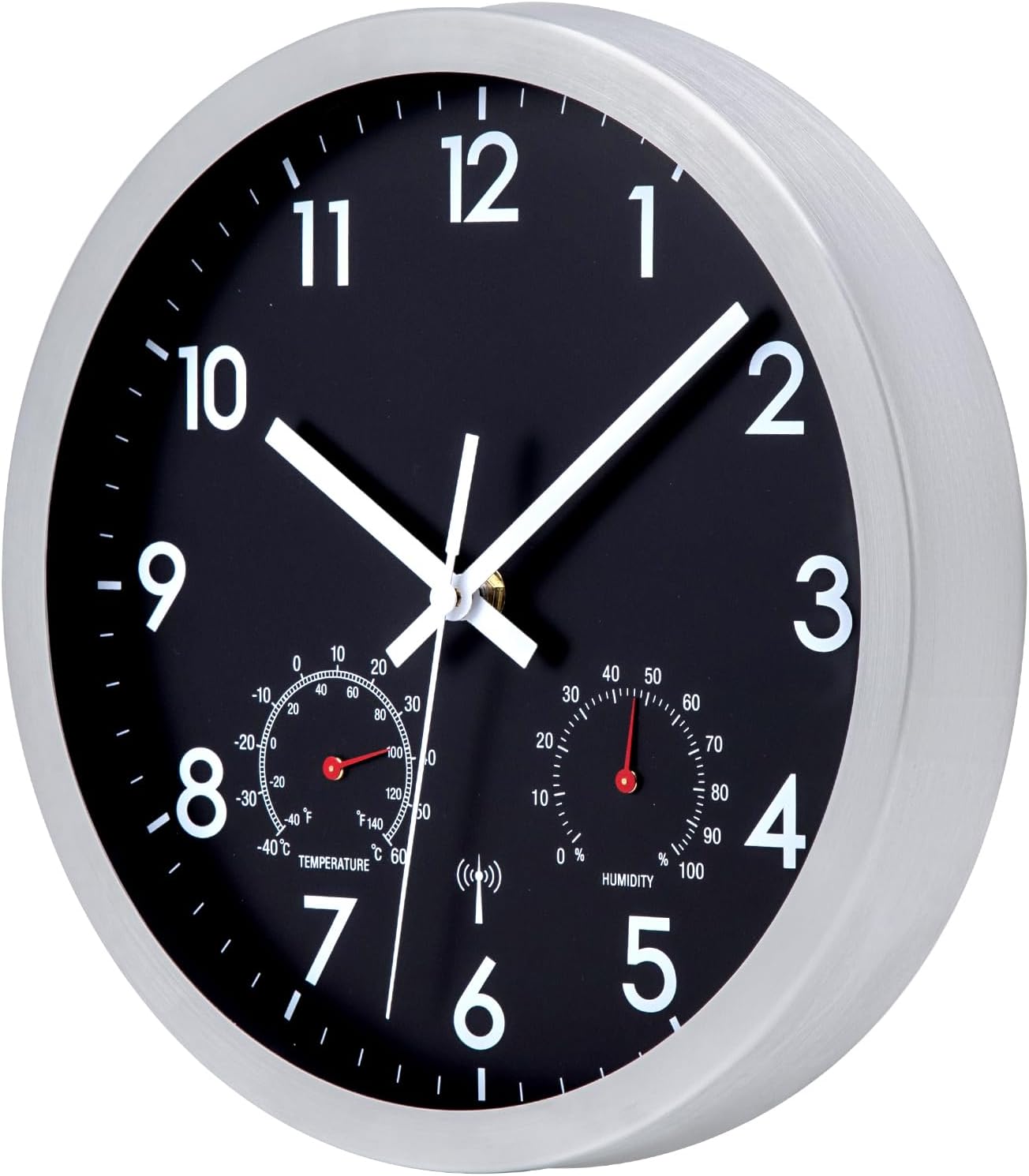 Detalle de Epochic Wanduhr Funk mit Temperatur- und Feuchtigkeitsanzeige – Funkuhr Wand, 25 cm, Schwarz, batteriebetrieben