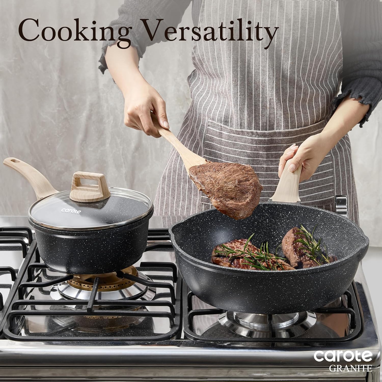 Thumbnail 6 de CAROTE 10/12/12.5 Inch Nonstick Deep Frying Pan with Lid (Granite, PFOA-Free)