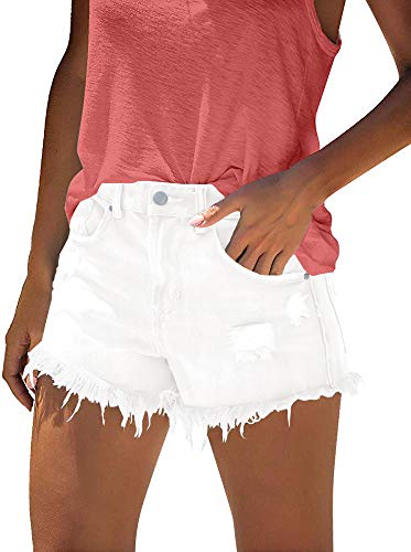 Detalle 2 de KISSMODA High Waisted Denim Shorts for Ladies – White Distressed Summer Casual