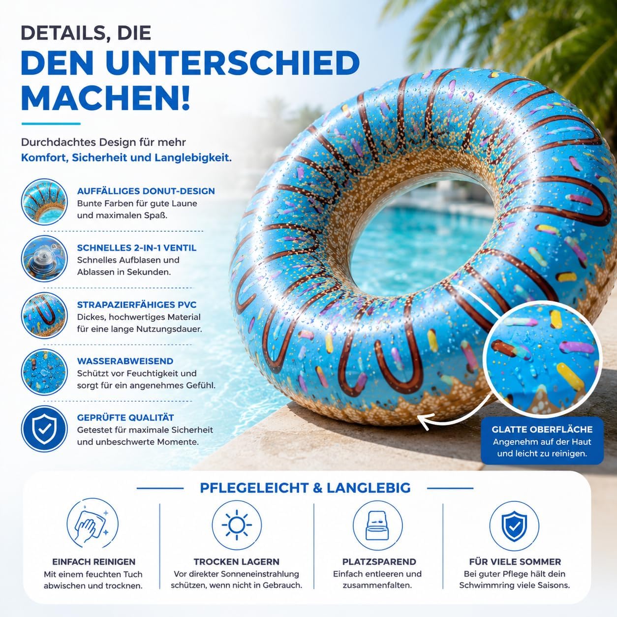 Thumbnail 6 de Aufblasbarer Schwimmring – Donut-Design, Ø120 cm, Getränkehalter, für Erwachsene und Kinder