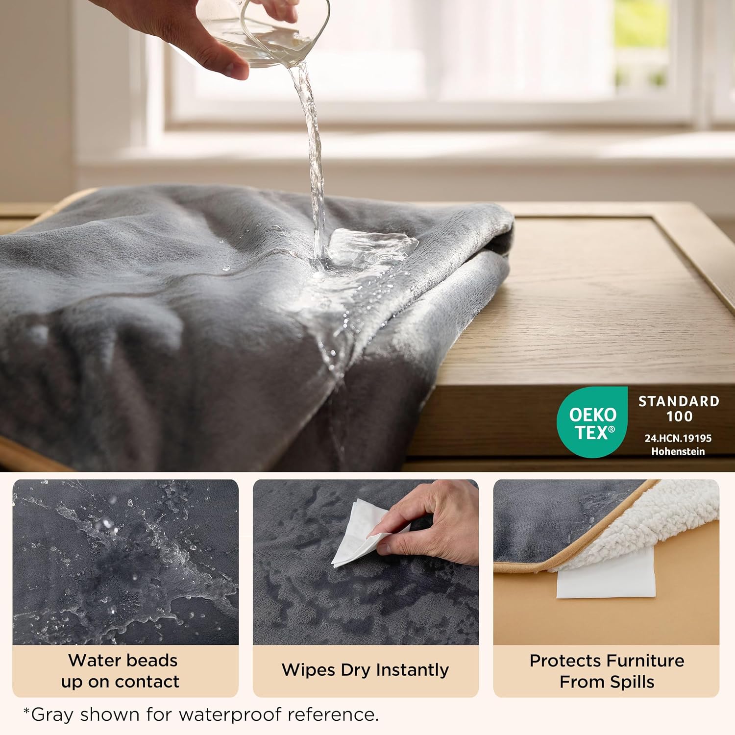Detalle 2 de Bedsure Waterproof Sherpa Fleece Blanket, King 108"x86", Reversible Light Grey