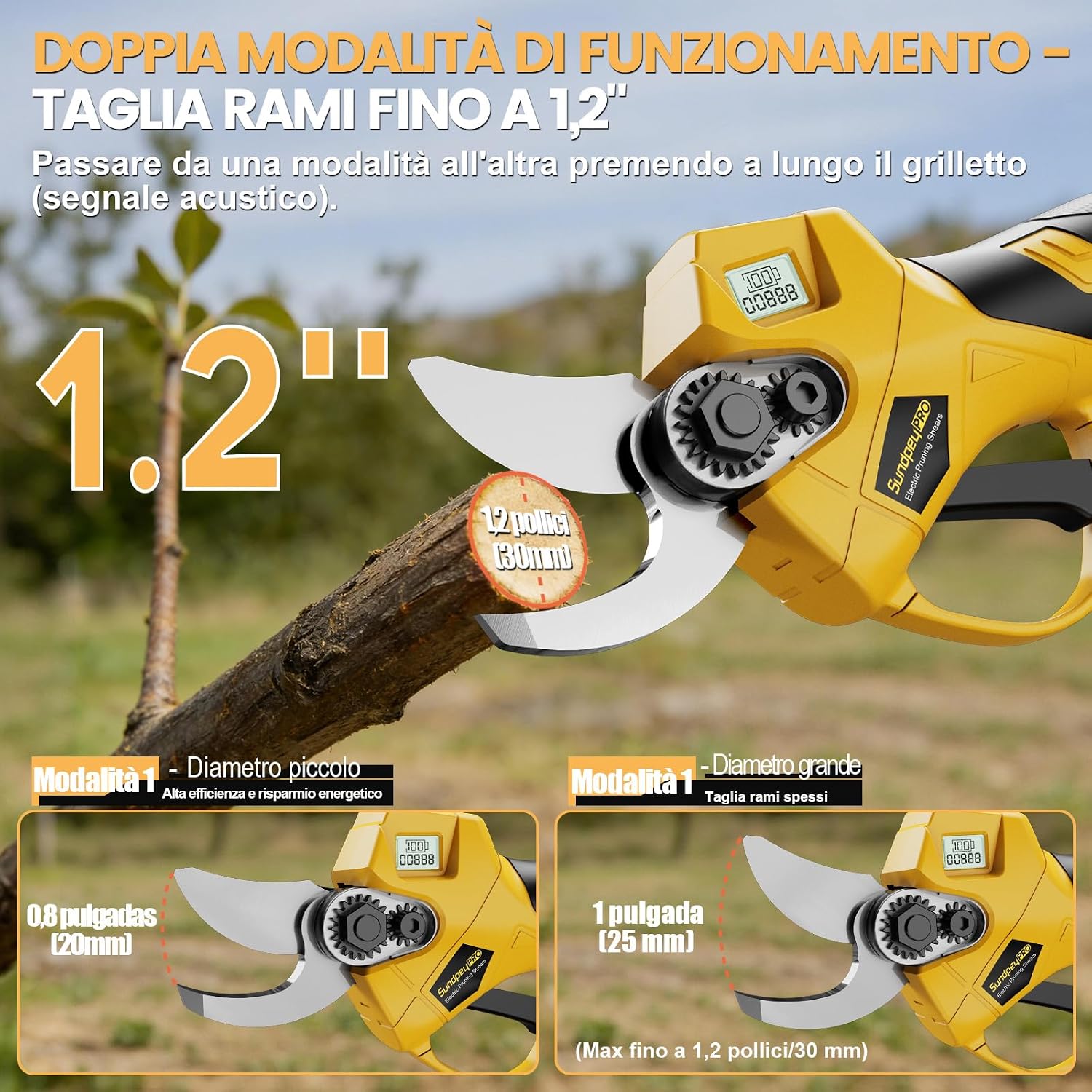 Detalle 2 de SundpeyPRO Forbici Potatura Elettriche: doppia batteria, taglio fino a 30 mm, motore brushless