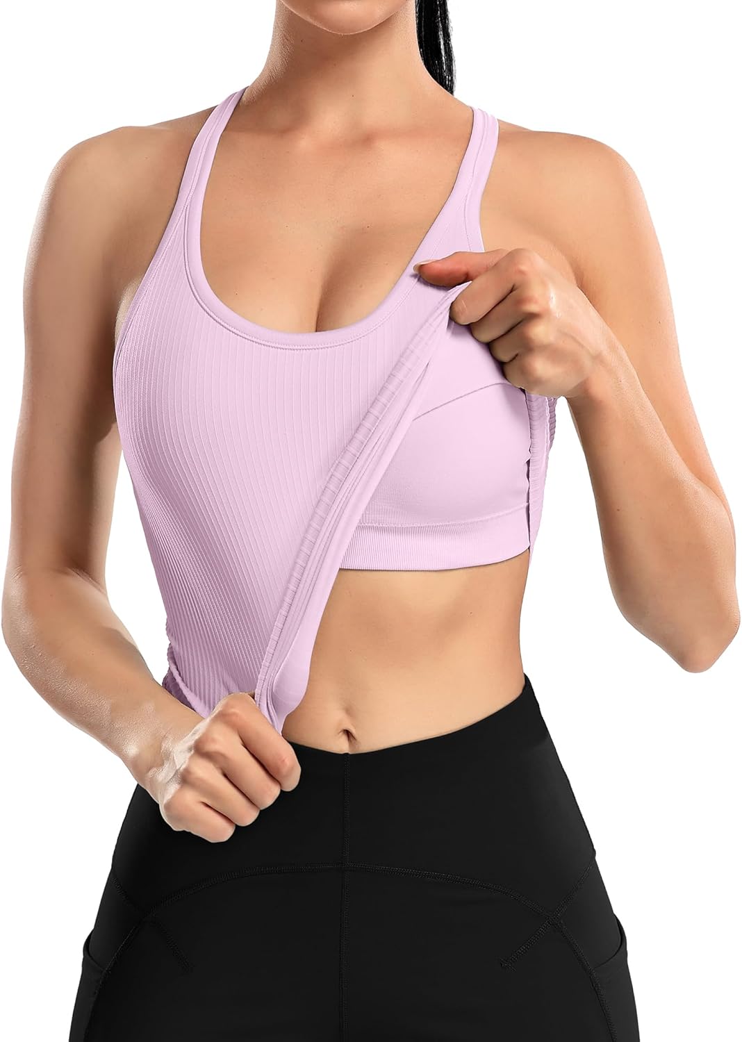 Thumbnail 1 de ATTRACO Women Ribbed Workout Crop Tops with Built in Bra: Yoga Racerback Tank Top