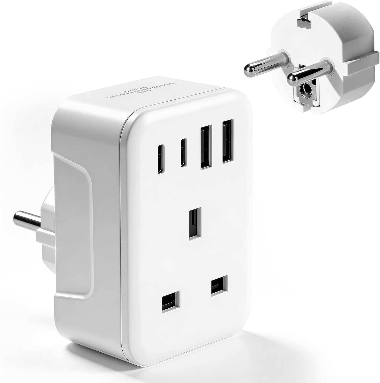 Detalle de UK to EU Travel Adapter with 4 USB Ports (2 USB-C) – Grounded Type E/F Power Plug Converter
