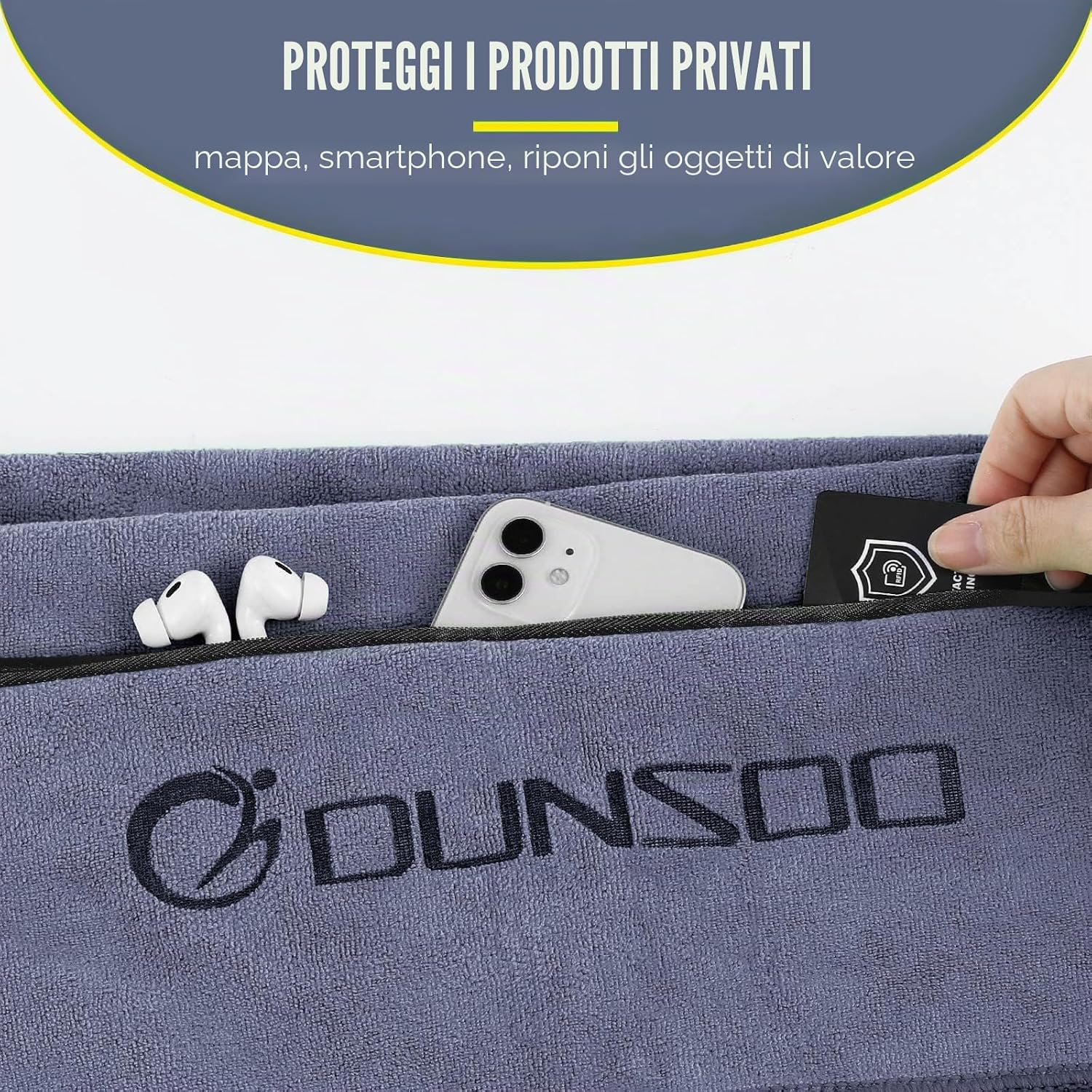 Detalle de Dunsoo Asciugamano Fitness I 120x50 cm: microfibra assorbente con tasca con zip per palestra