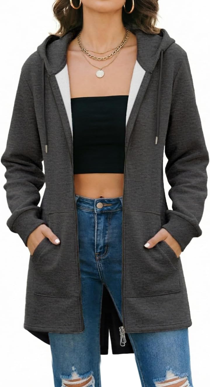Detalle de Tuopuda Women’s Long Zip-Up Hoodie Fleece Longline Jacket with Pockets