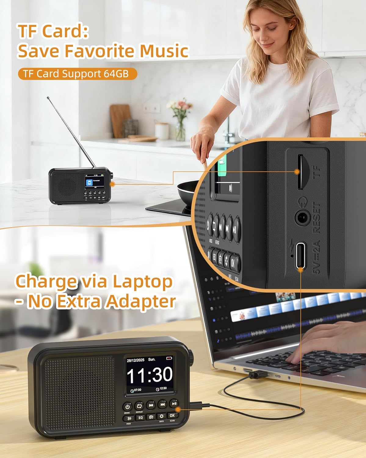 Detalle de Mesqool Radio Digitale DAB&FM con Bluetooth e ricarica Type-C: 3000 mAh per tutto il giorno