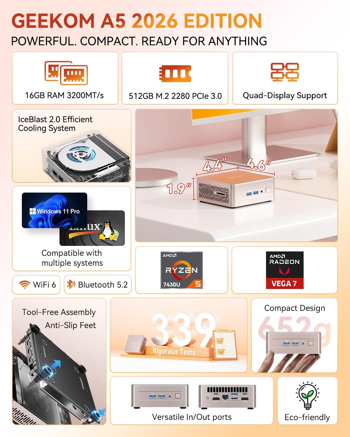 Thumbnail 1 de GEEKOM A5 Mini PC with Ryzen 5 7430U — 16GB RAM, 512GB NVMe, 8K Display