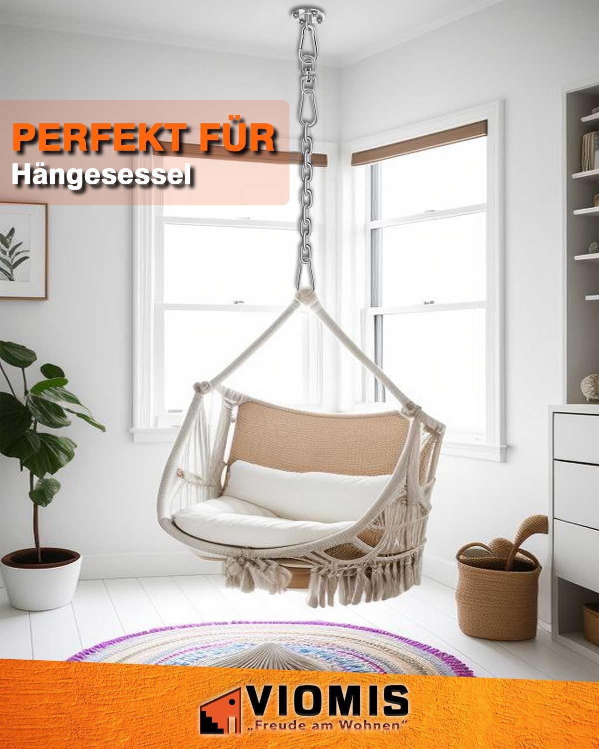 Thumbnail 3 de Viomis Deckenhaken für Hängesessel (bis 400 kg) – 360° Drehung, Edelstahl-Komplettset mit 30 cm Kette & 3 Karabinern