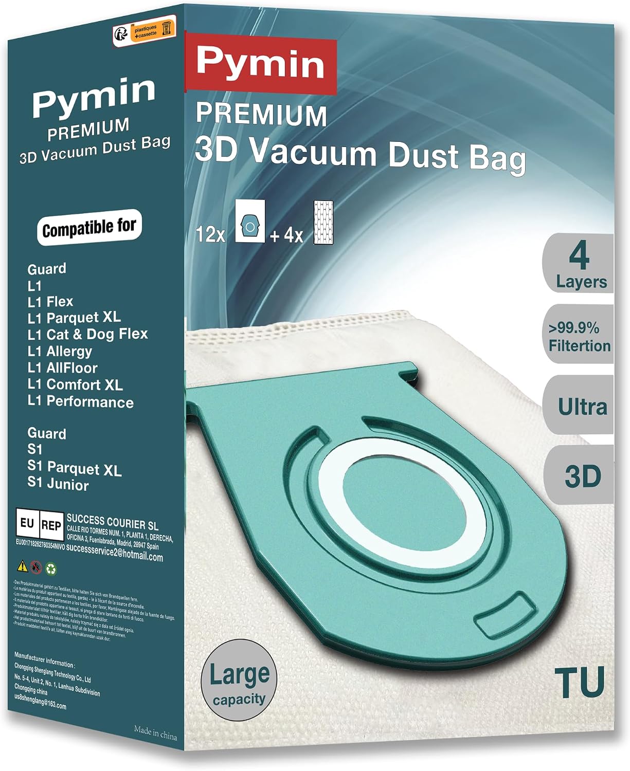 Detalle de Pymin l1 stofzuigerzakken voor Miele TU, 12 stuks met 4 uitlaatfilters