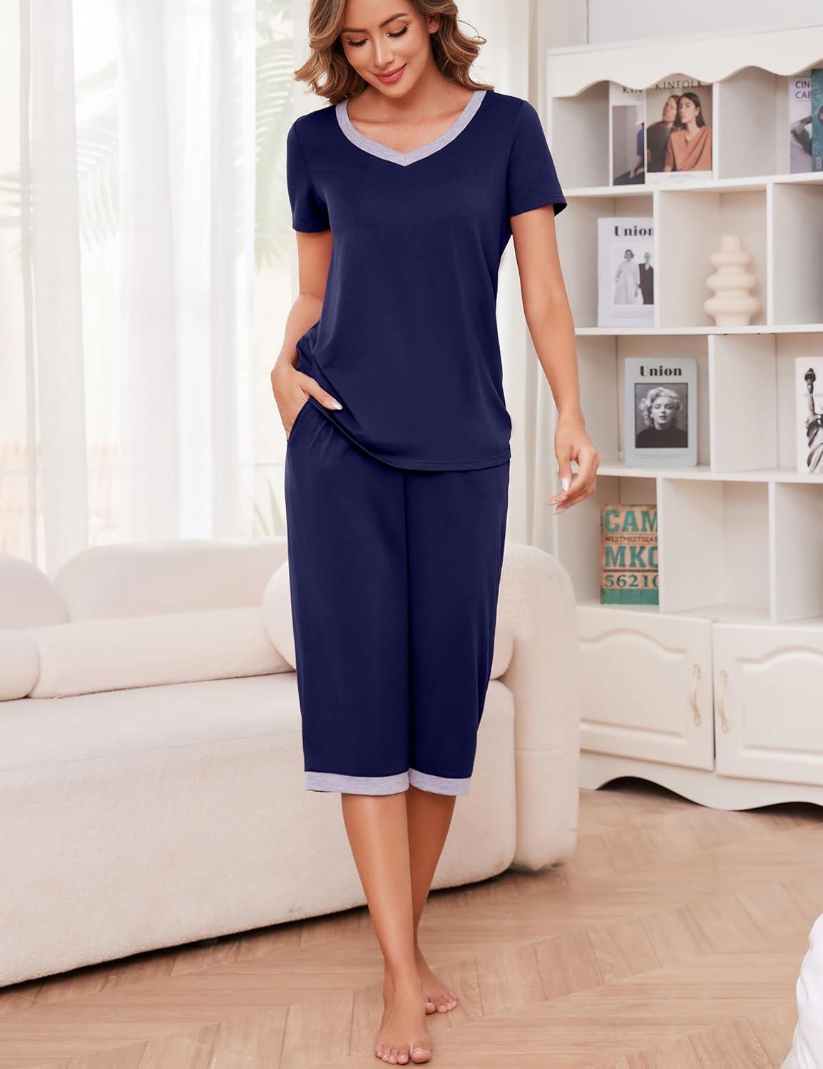 Thumbnail 3 de Damen-Schlafanzug Zweiteiler Actcat mit V-Ausschnitt, Kurzarm-Top & 3/4-Hose
