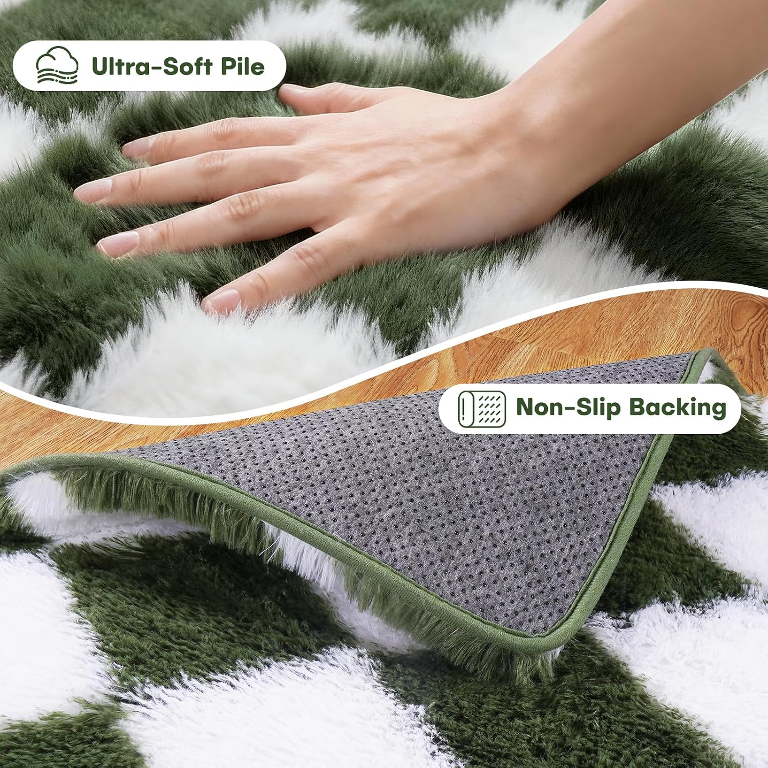 Thumbnail 1 de FVVRAX Checkered Shaggy Rug 200x300cm in Olive Green & White
