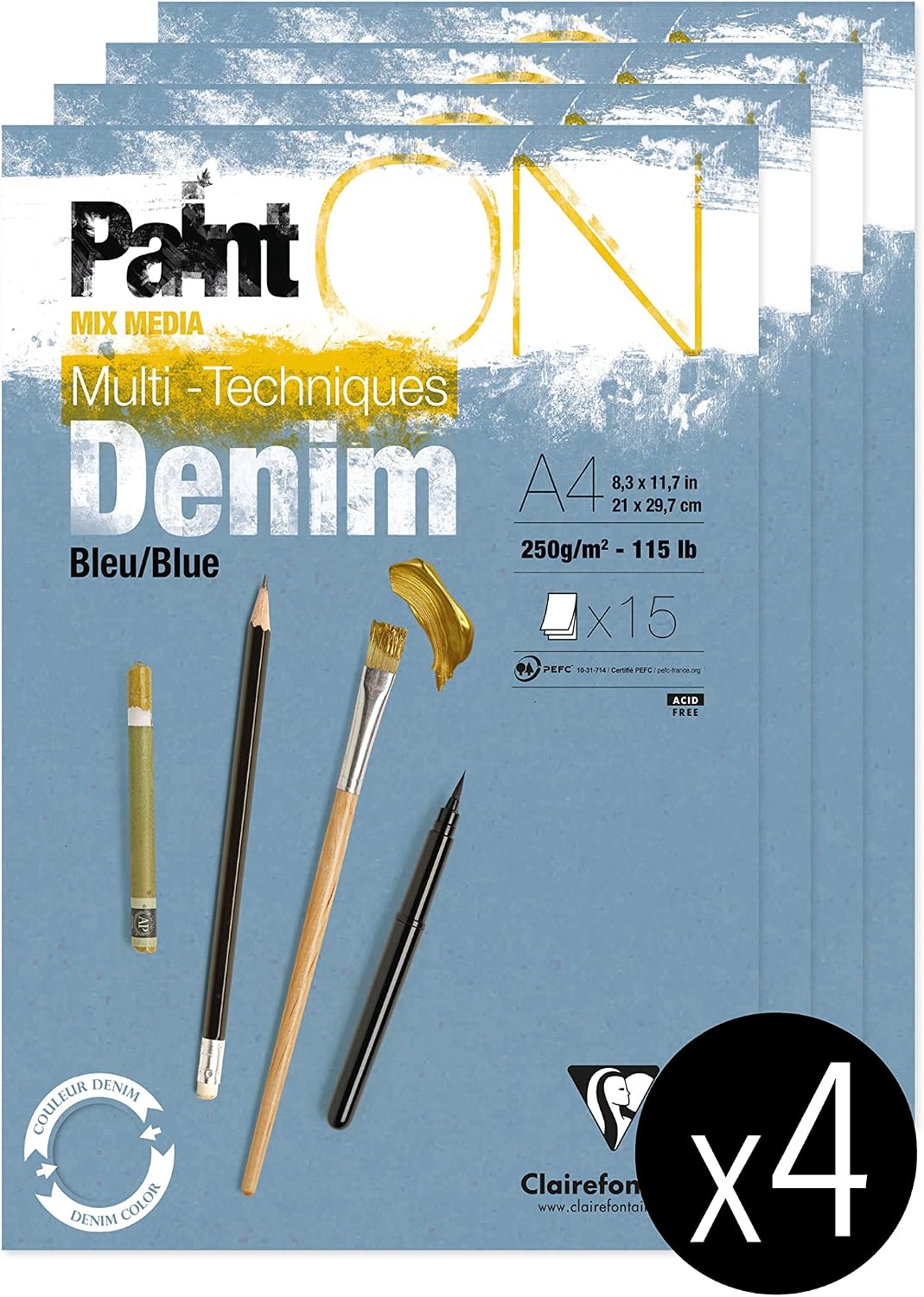 Detalle de Clairefontaine 975701C Bloc Collé PaintON Multi-techniques Denim A4 – 15 Feuilles, Paquet de 4 Blocs