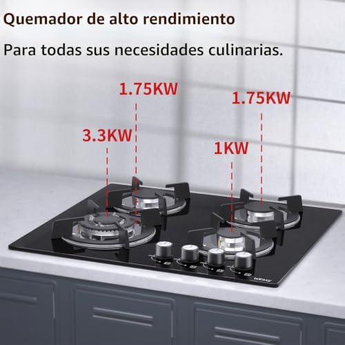 Detalle 2 de IsEasy Placa de Gas 4 Fuegos Negro, 60 cm, 7800 W. Encimera de butano/natural/propano