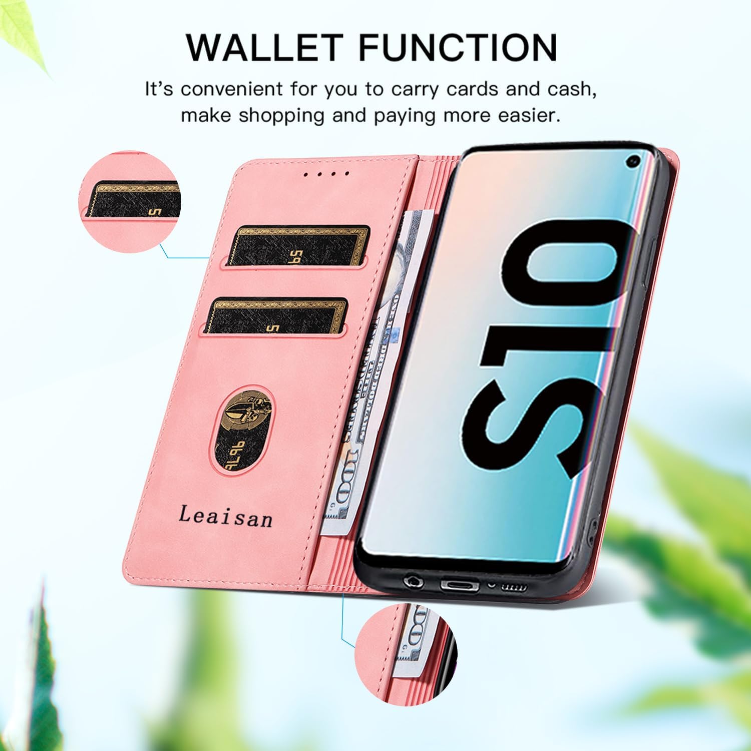 Thumbnail 2 de Leaisan Handyhülle für Samsung Galaxy S10 (Flip Cover, Premium-Kunstleder) in Rose Gold – mit Kartenfächern und Standfunktion