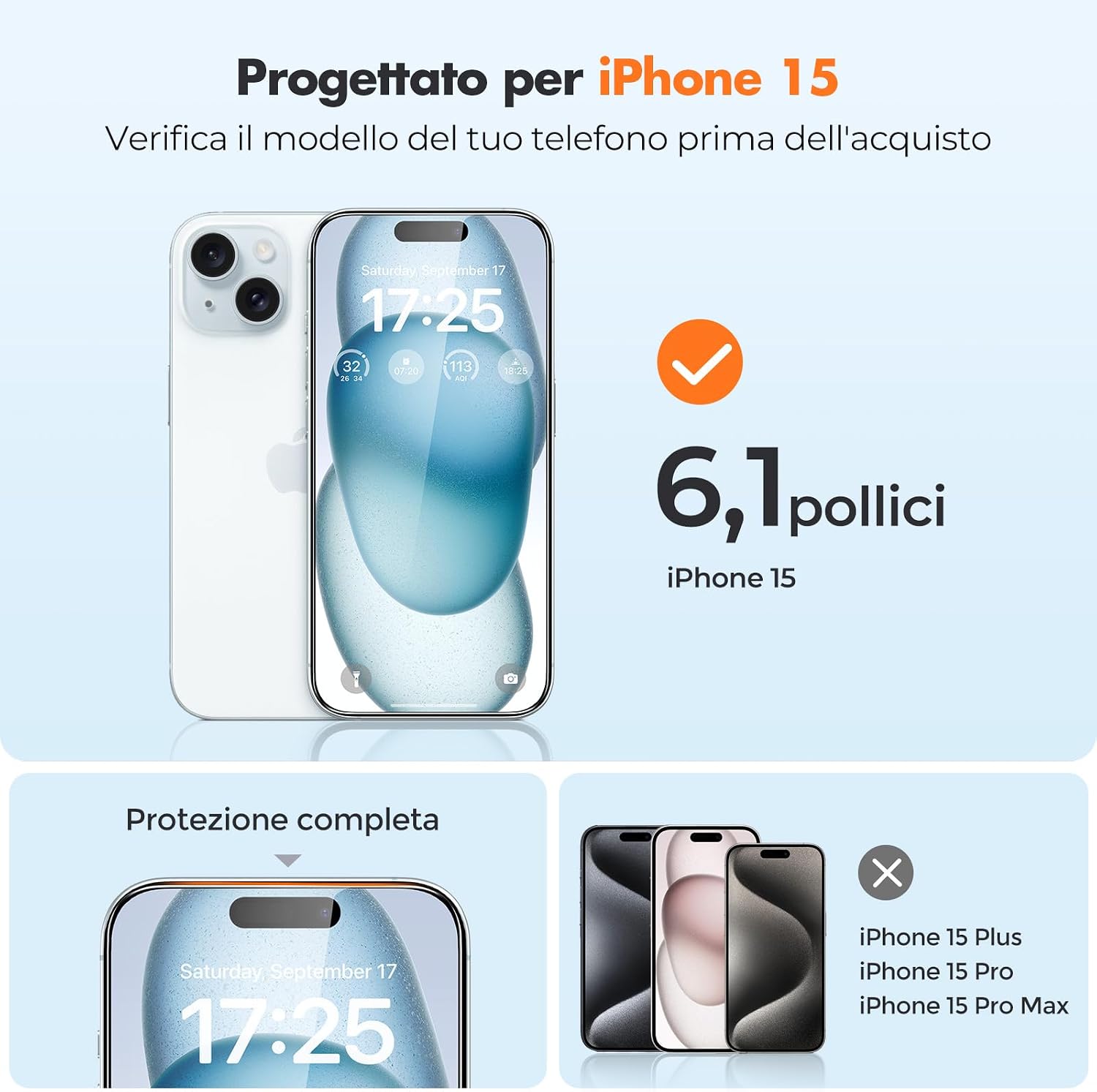 Detalle 2 de UNBREAKcable 3 Pellicole Vetro per iPhone 15 6,1" – Protezione 9H, Trasparente, Installazione Facile