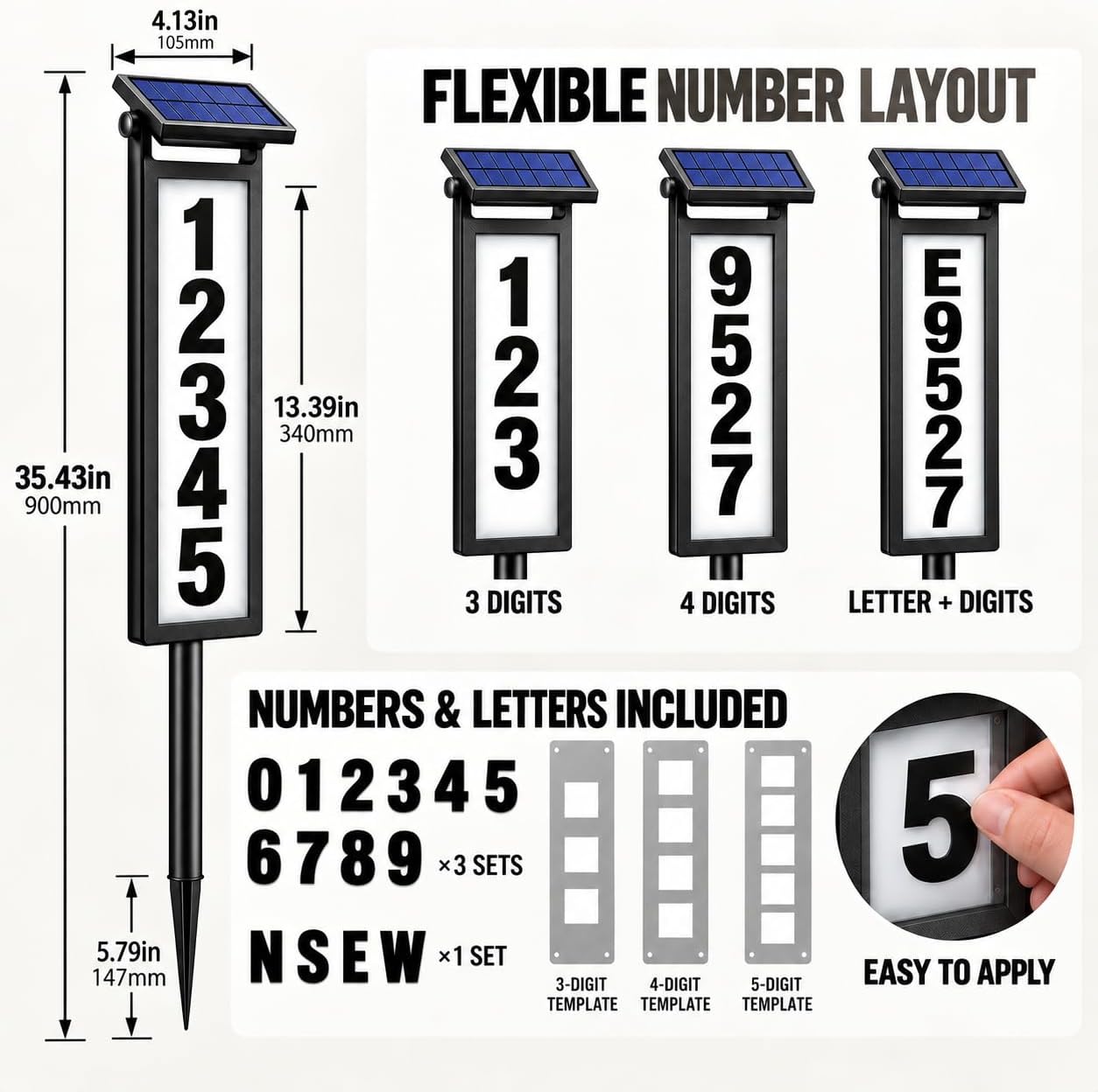Detalle 1 de Eyrosa OSA010 Solar Address Sign, Aluminum LED Numbers with Two Light Modes