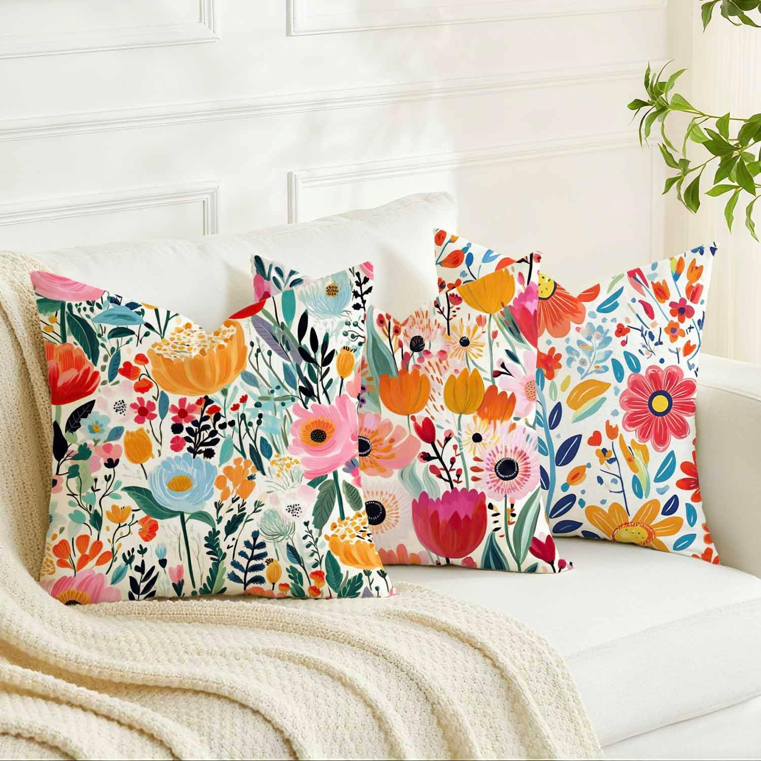 Detalle de Avalune Kissenbezug Frühling 45x45 Blumen Rot Blau – 2er Set, Leinoptik, waschbar
