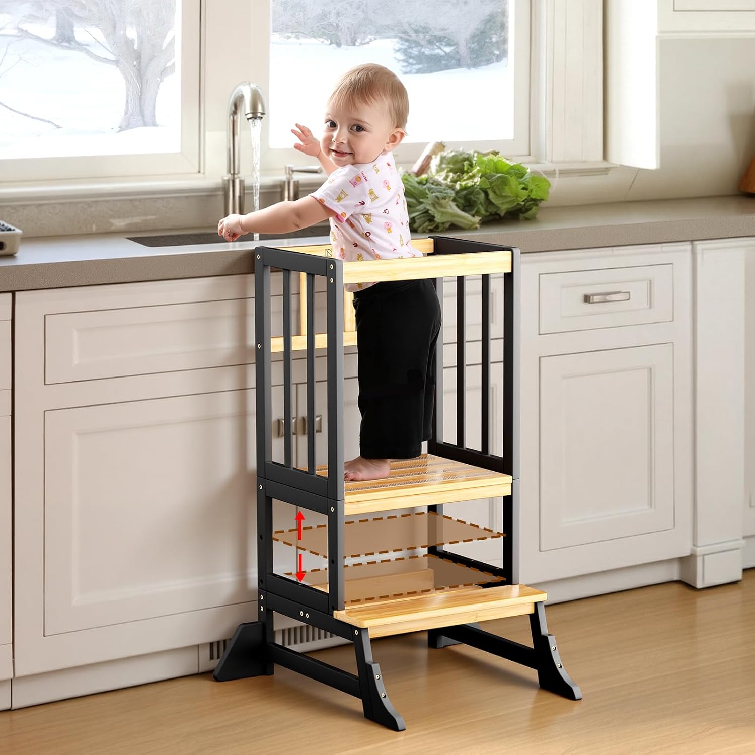 Detalle de COSYLAND Height-Adjustable Toddler Standing Tower – Stable Bamboo Kitchen Stool (Black & Natural)