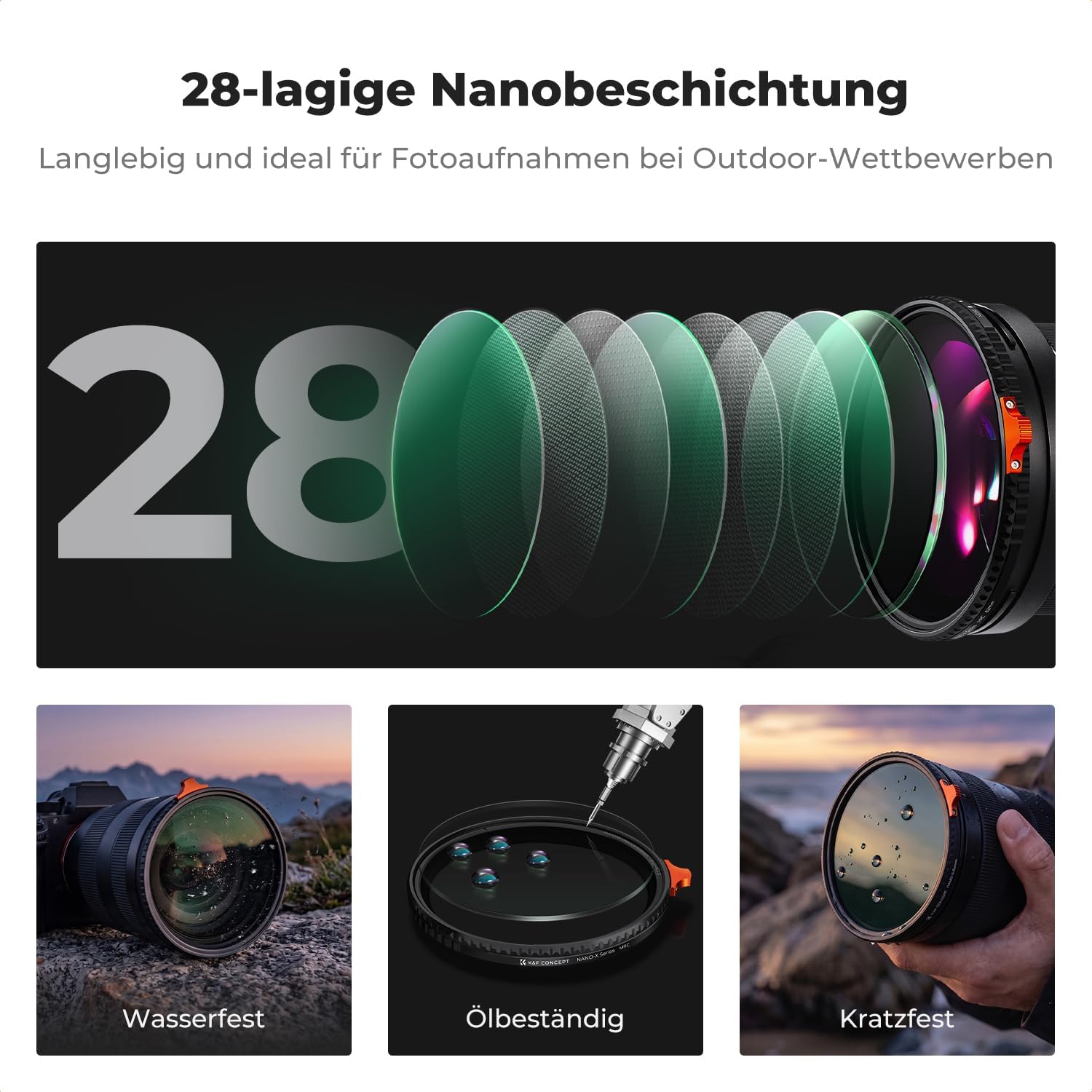 Detalle de K&F CONCEPT Ultra-niedrige Reflexion ND Filter 77mm – Variabler ND2-400 (1–9 Blendenstufen), Nano Xcel