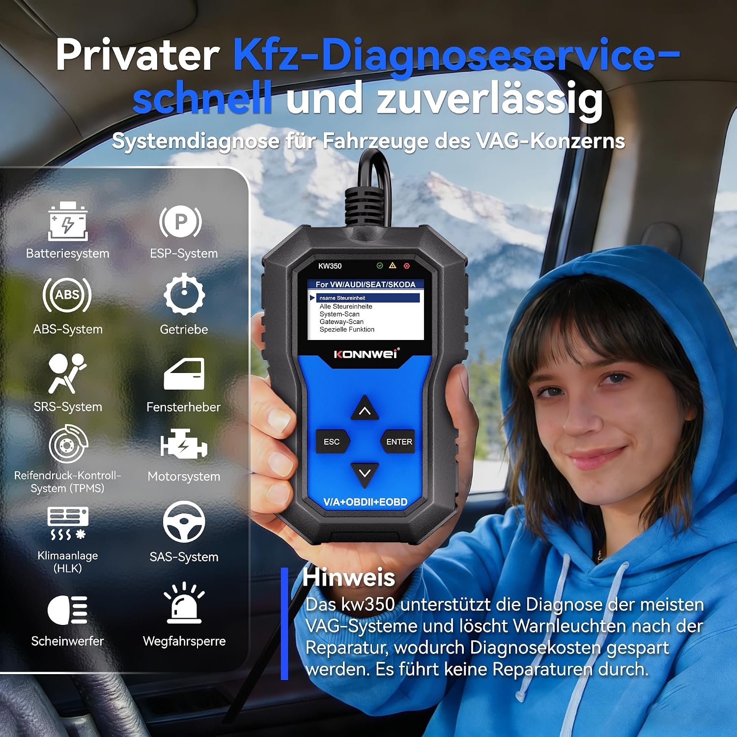Detalle 2 de KONNWEI KW350 OBD2 Diagnosegerät für VW/Audi/Škoda/Seat – Ganzheitliche Fahrzeugdiagnose und VAG-Spezialfunktionen