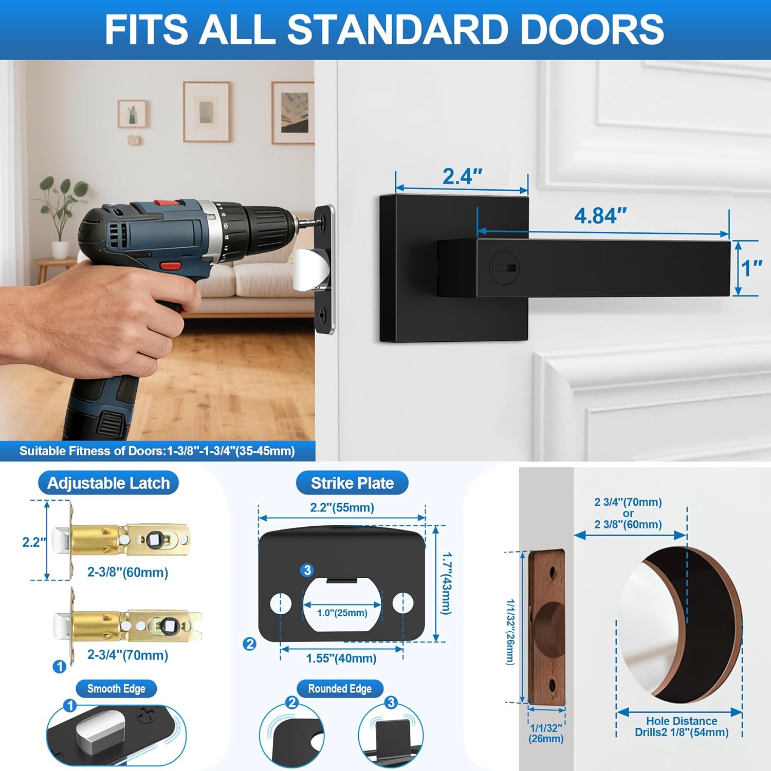 Thumbnail 6 de Plustool 6-Pack Matte Black Keyless Privacy Door Lever Locksets (Square, Reversible)