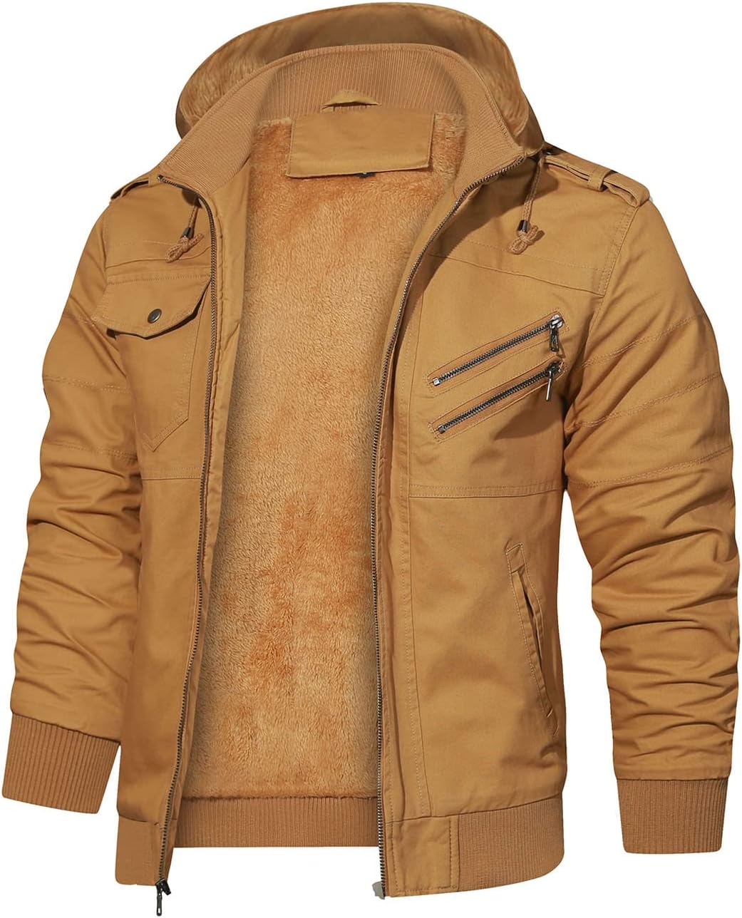 Detalle de Hood Crew Herren-Winterjacke mit Kapuze, dickem Fleecefutter und Cargo-Taschen