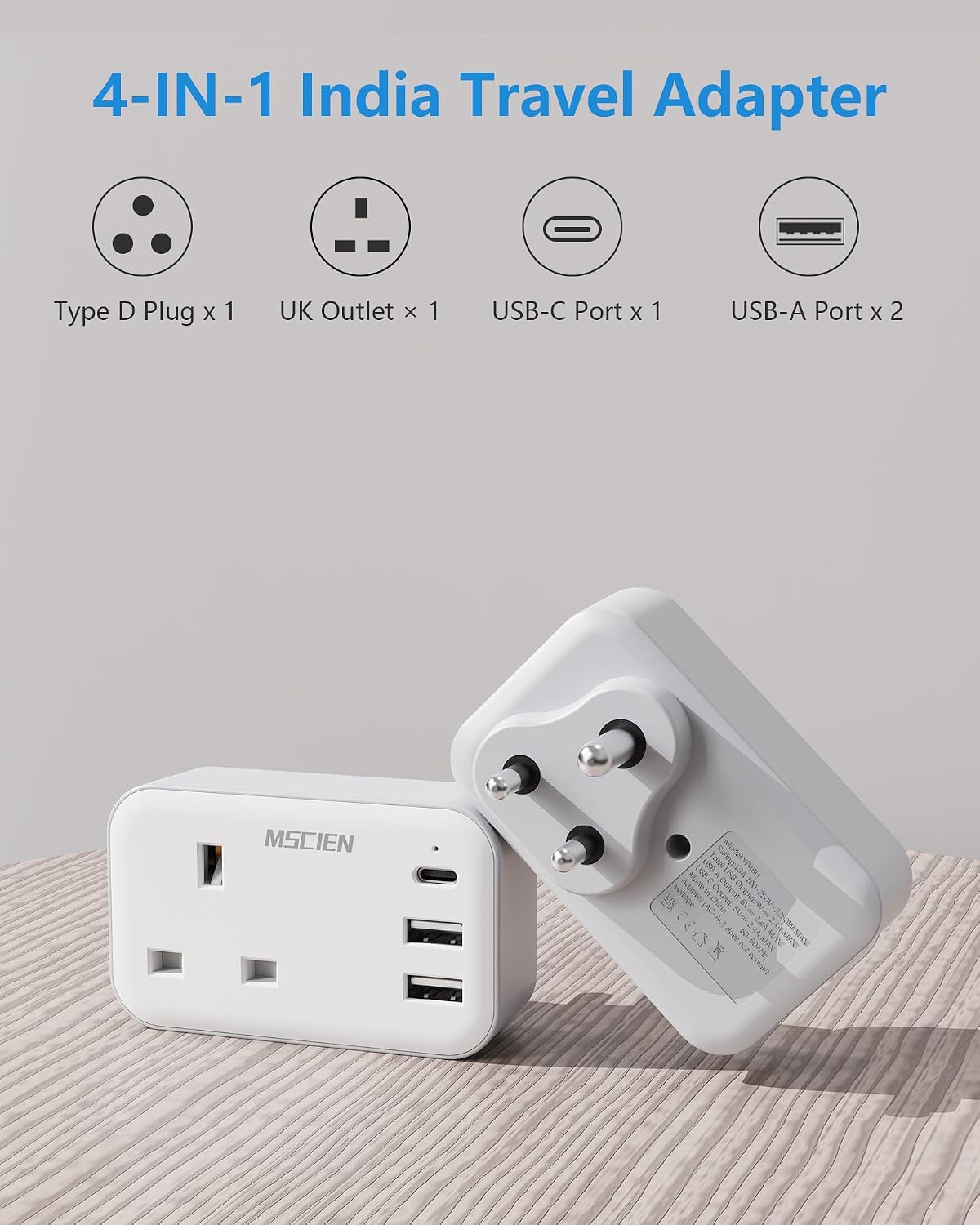 Detalle 2 de MSCIEN India Type D UK to India Plug Adapter with USB ⚡
