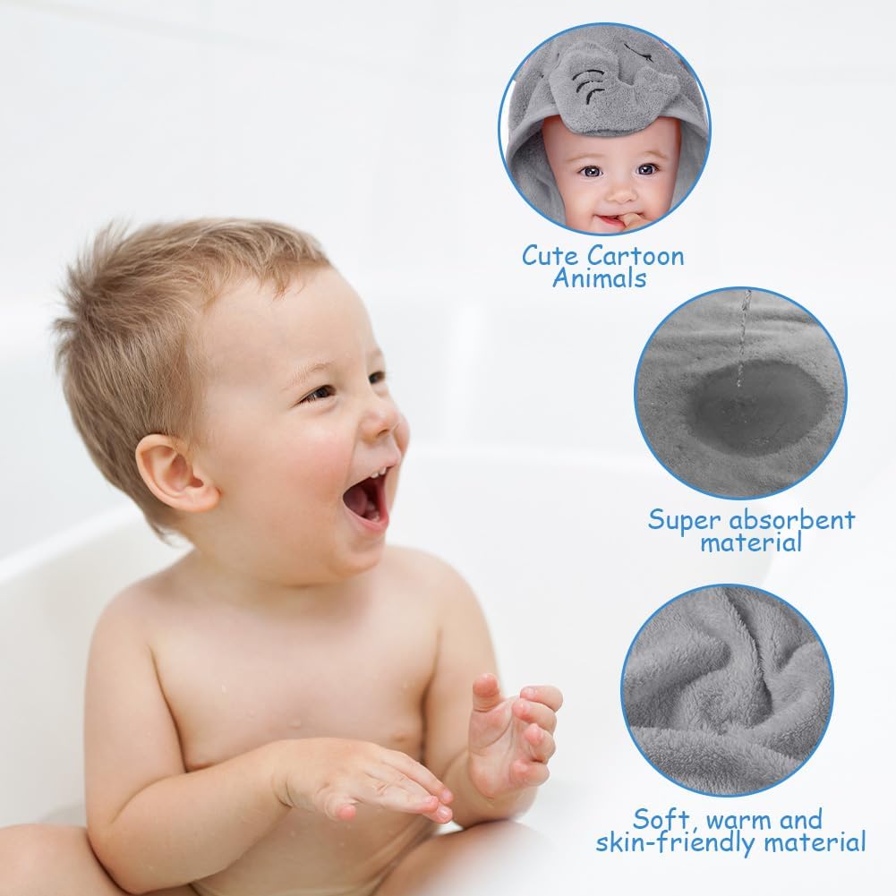 Detalle de Aolso Serviette de Bain Capuche Bébé 80x80 cm, Velours Corail Doux et Ultra Absorbante — Éléphant Gris